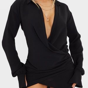 PLT BLACK TEXTURED WOVEN EXTREME PLUNGE BELL CUFF SHIRT DRESS